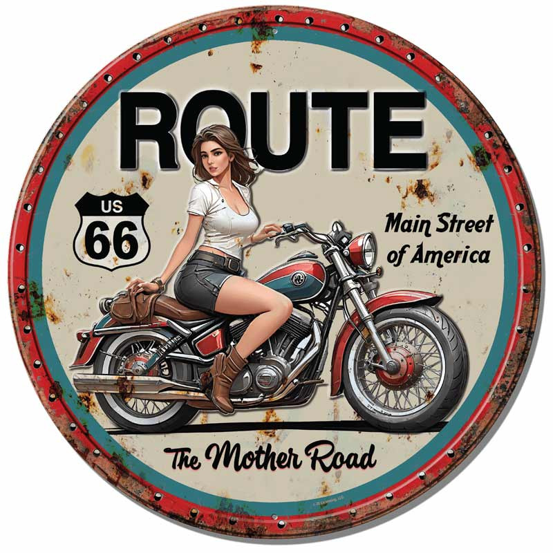 Plechová cedule The Mother Road Lady Biker 30 cm