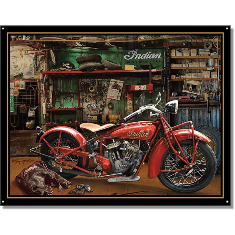Plechová cedule Indian Scout in Garage 40 cm x 32 cm