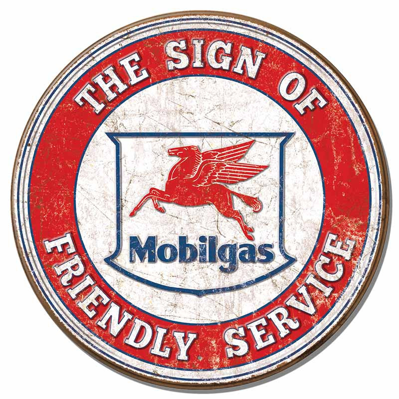 Plechová cedule Mobilgas Friendly Service round 30 cm