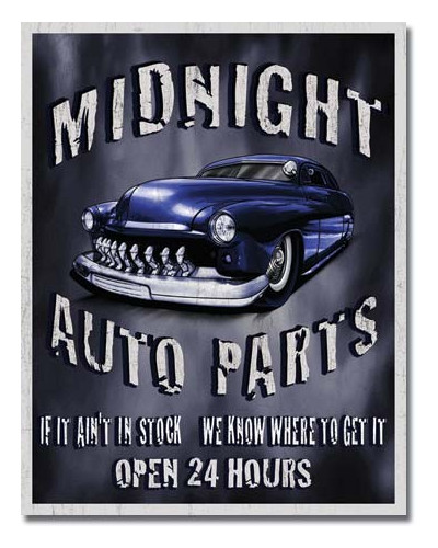 Plechová cedule Legends Midnight Auto Parts 32cm x 40 cm