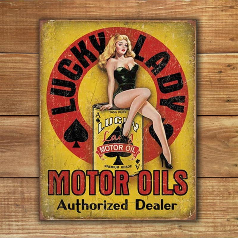 Plechová cedule Lucky Lady Motor Oil 40 cm x 32 cm w Plechová cedule Lucky Lady Motor Oil 40 cm x 32 cm w