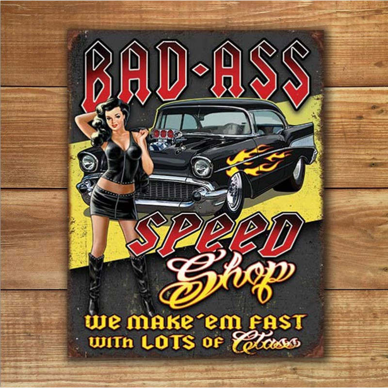 Plechová cedule Bad Ass Speed Shop 40 cm x 32 cm w