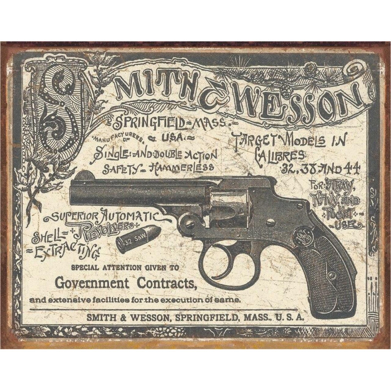 Plechová cedule S&W - 1892 Gov. Contracts 40 cm x 32 cm