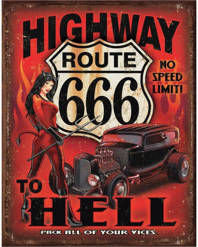 Plechová cedule Route 666 - Highway to Hell 32 cm x 40 cm