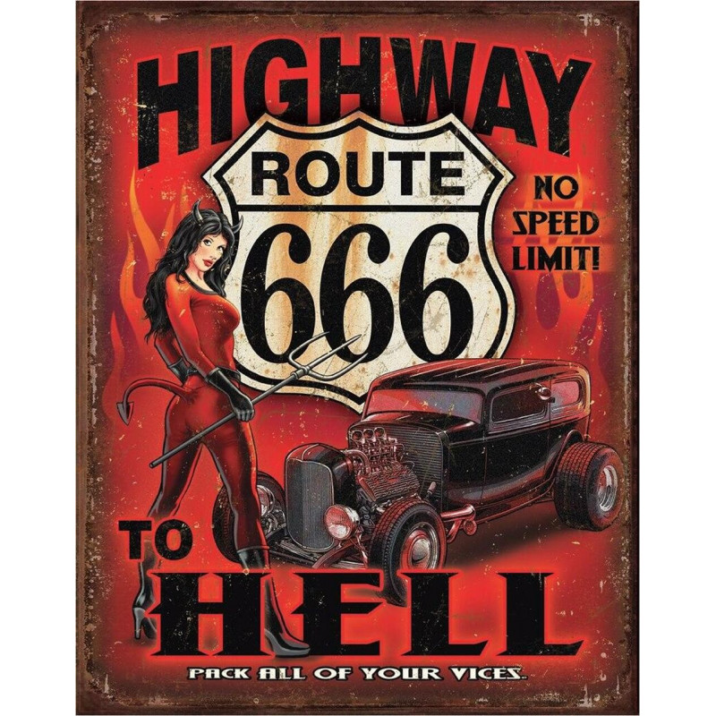 Plechová cedule Route 666 - Highway to Hell 32 cm x 40 cm