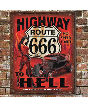 Plechová cedule Route 666 - Highway to Hell 32 cm x 40 cm w