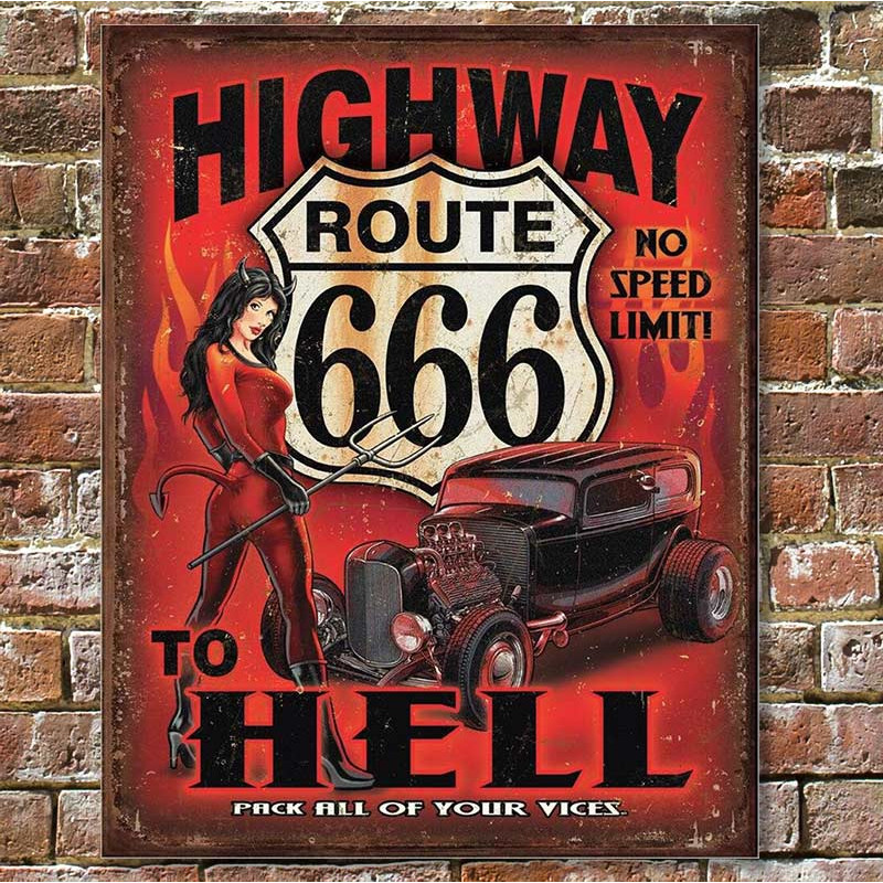 Plechová cedule Route 666 - Highway to Hell 32 cm x 40 cm w
