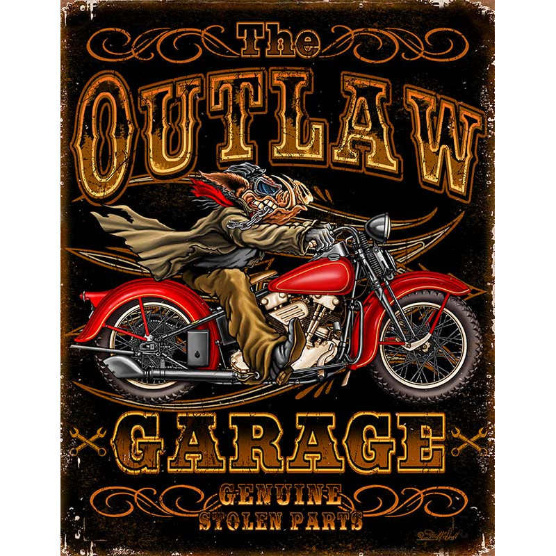 Plechová cedule Outlaw Garage Bikes 32 cm x 40 cm