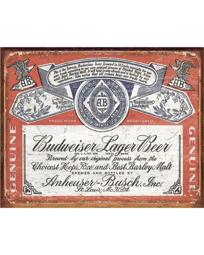 Plechová cedule Budweiser Historic Label 32 cm x 40 cm