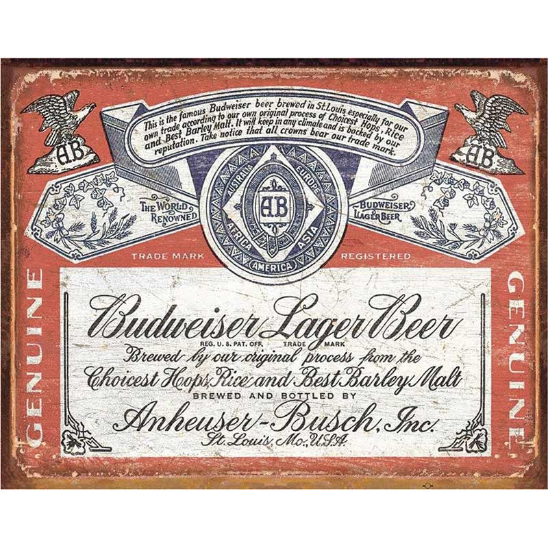 Plechová cedule Budweiser Historic Label 32 cm x 40 cm